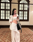 0122stepll Relaxed Linen Suit Set Blazer Pants & Wrap Skirt Overlay