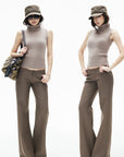 IAMXIAA Retro Slim-Fit Turtleneck Sleeveless Wool Knit Top with Ribbed Hem