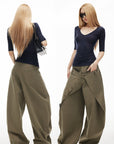 IAMXIAA Layered Waist Button Detail Wide-Leg Barrel Pants