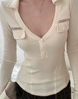 Rase le sol Lace-Trimmed Deep V-Neck Fitted Long Sleeve Top