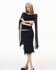 IAMXIAA Sheer Ribbed Knit Cape Sleeve Open Back Cropped Top