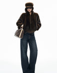 IAMXIAA Chocolate Brown Fur-Effect Cropped Bomber Jacket