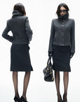 IAMXIAA Vintage-Inspired Charcoal Grey Tailored Knee-Length Pencil Skirt with Side Slit