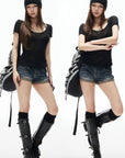 IAMXIAA Washed Low Rise Denim Shorts