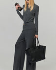 0122stepll High-Neck Zip Knit Cardigan & Foldover Wide-Leg Pants Set