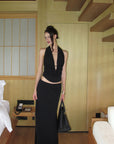 0122stepll Haut halter à décolleté plongeant & Ensemble jupe maxi à taille basse