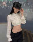 Hydrae Lace Ruffle Cropped Blouse High Neck Sheer Long Sleeve Top