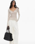 0122stepll Scoop Neck Button-Front Slim-Fit Long Sleeve T-Shirt