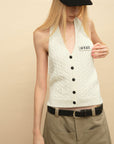 0122stepll Cable Knit Halter Button Vest