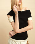 0122stepll Contrast Deconstructed Off-Shoulder Knit Top