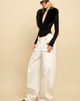 0122stepll Faux Fur Collar Plunge Bodysuit
