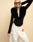 0122stepll Faux Fur Collar Plunge Bodysuit