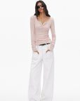 0122stepll Scoop Neck Button-Front Slim-Fit Long Sleeve T-Shirt