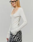 0122stepll Sculpted Scoop Neck Notch Long Sleeve Fitted Top