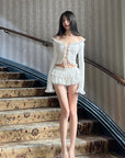 DreamyNerd Rosette Lace-Up Cardigan & Ruffle Mini Skirt Set – Ivory Whimsy