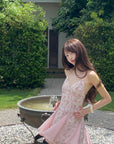 DreamyNerd Vintage Floral Halter Mini Dress with Chiffon Inserts and Flared Skirt - PINKPARKS