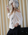 0122stepll Distorted Graphic Off-Shoulder Oversized Long Sleeve Top