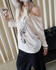 0122stepll Distorted Graphic Off-Shoulder Oversized Long Sleeve Top