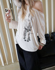 0122stepll Distorted Graphic Off-Shoulder Oversized Long Sleeve Top