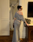 0122stepll Off-Shoulder Graphic T-Shirt & Draped Maxi Skirt Set