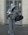 Hydrae Soft Grey Oversized Zip Hoodie & Wide-Leg Drawstring Sweatpants Two-Piece Set