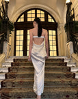 0122stepll Robe longue bustier en satin dos nu