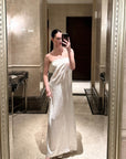 0122stepll Robe longue bustier en satin dos nu