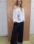 0122stepll Distorted Graphic Off-Shoulder Oversized Long Sleeve Top