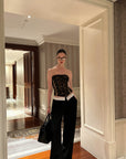 0122stepll Low-Rise Contrast Waist Wide-Leg Pants
