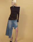 0122stepll Asymmetric Off-Shoulder Ribbed Knit Top