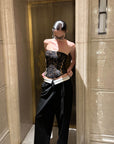 0122stepll Low-Rise Contrast Waist Wide-Leg Pants