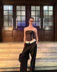 0122stepll Low-Rise Contrast Waist Wide-Leg Pants