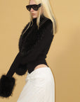 0122stepll Faux Fur Collar Plunge Bodysuit