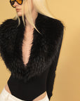 0122stepll Faux Fur Collar Plunge Bodysuit