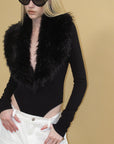 0122stepll Faux Fur Collar Plunge Bodysuit