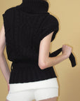 0122stepll Deconstructed Cable Knit Belted Turtleneck Vest