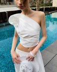0122stepll Asymmetric One-Shoulder Rosette Crop Top