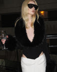 0122stepll Faux Fur Collar Plunge Bodysuit