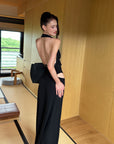 0122stepll Haut halter à décolleté plongeant & Ensemble jupe maxi à taille basse