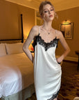 0122stepll Lace-Trim Asymmetric Satin Slip Dress