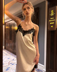 0122stepll Lace-Trim Asymmetric Satin Slip Dress