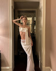 0122stepll Draped Bow Camisole & Lace-Waist Satin Maxi Skirt Set