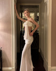 0122stepll Draped Bow Camisole & Lace-Waist Satin Maxi Skirt Set