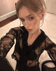 0122stepll Sheer Ruffle Lace Top & Draped Lace Skirt Set