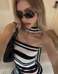 0122stepll Striped Scarf-Neck Tube Top & Maxi Skirt Set