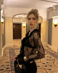 0122stepll Sheer Ruffle Lace Top & Draped Lace Skirt Set