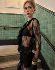 0122stepll Sheer Ruffle Lace Top & Draped Lace Skirt Set