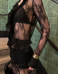 0122stepll Sheer Ruffle Lace Top & Draped Lace Skirt Set