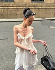 0122stepll Sheer Ruffle Tie Camisole Top