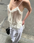 0122stepll Sheer Ruffle Tie Camisole Top